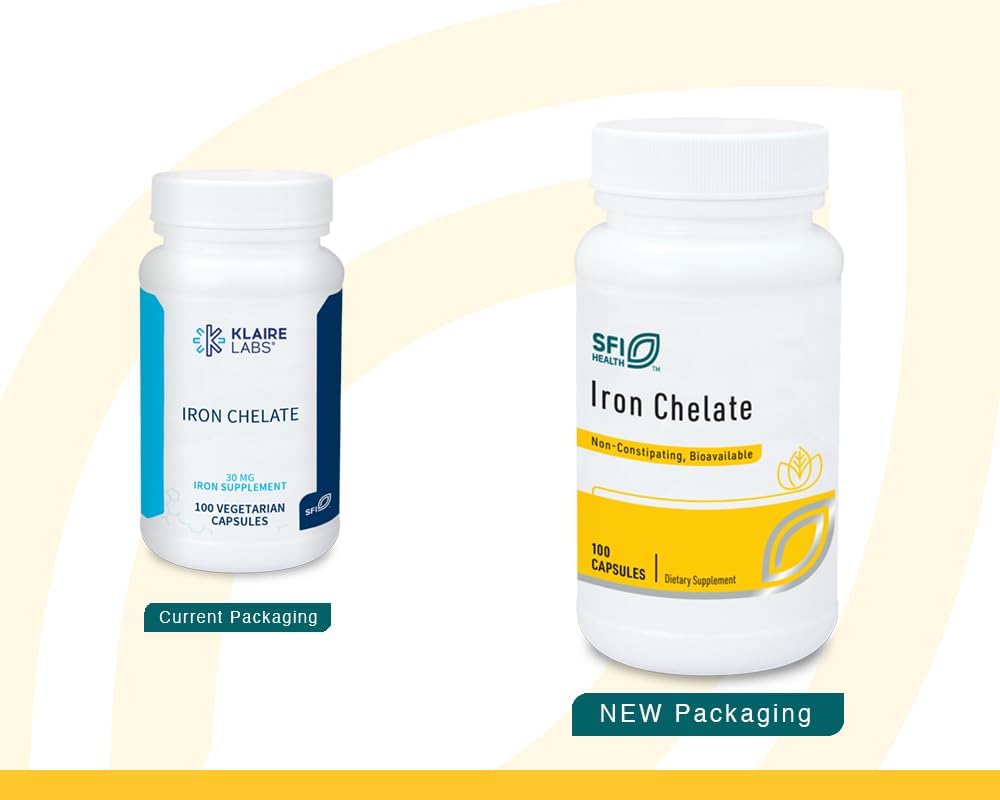 Klaire Labs SFI Health Iron Bisglycinate Chelate Supplement - 30mg Ferrous Bisglycinate Chelate - Designet til at være Well- Tolereret, Well- Absorbed & Gentle på Mave - Hypoallergen (100 kapsler)