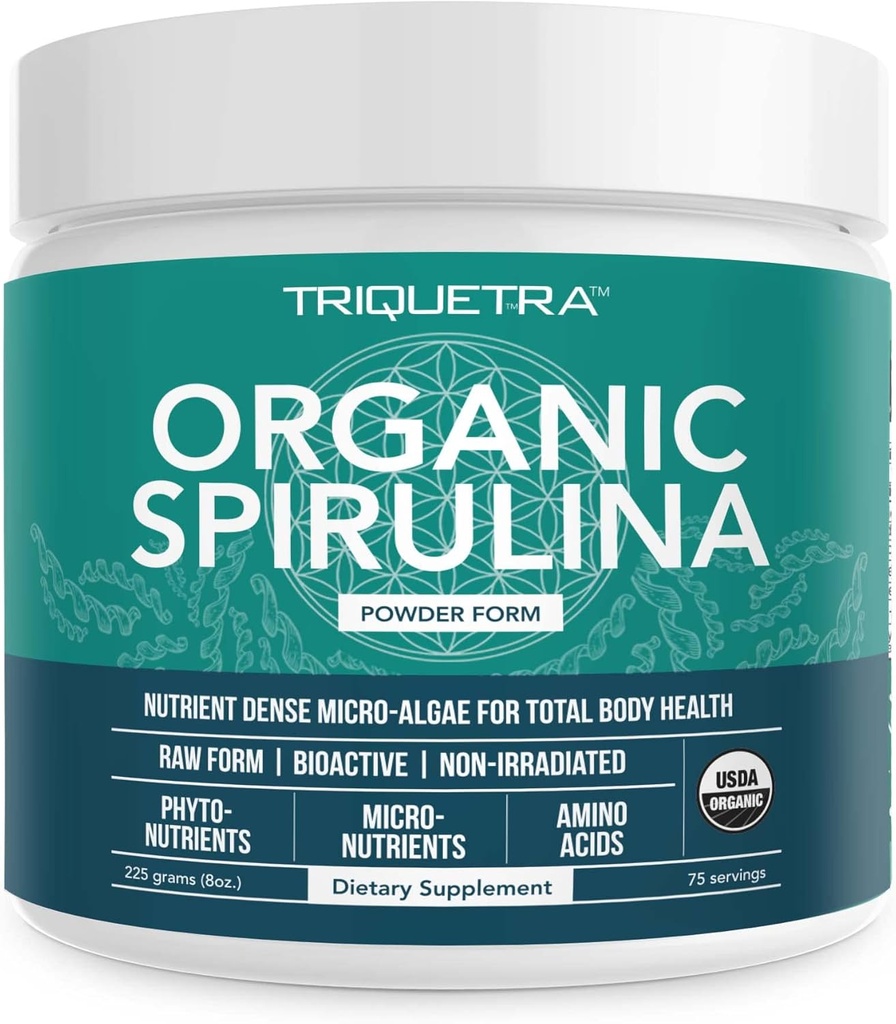 Organic Spirulina Powder - Lavet med Parry ® Spirulina, Kendt for Superior Renhed og Nutrient Density - Vegan Farming - Ikke-bestrålet - Blue- Green Algae Superfood Supplement - 75 Servering - 8 oz