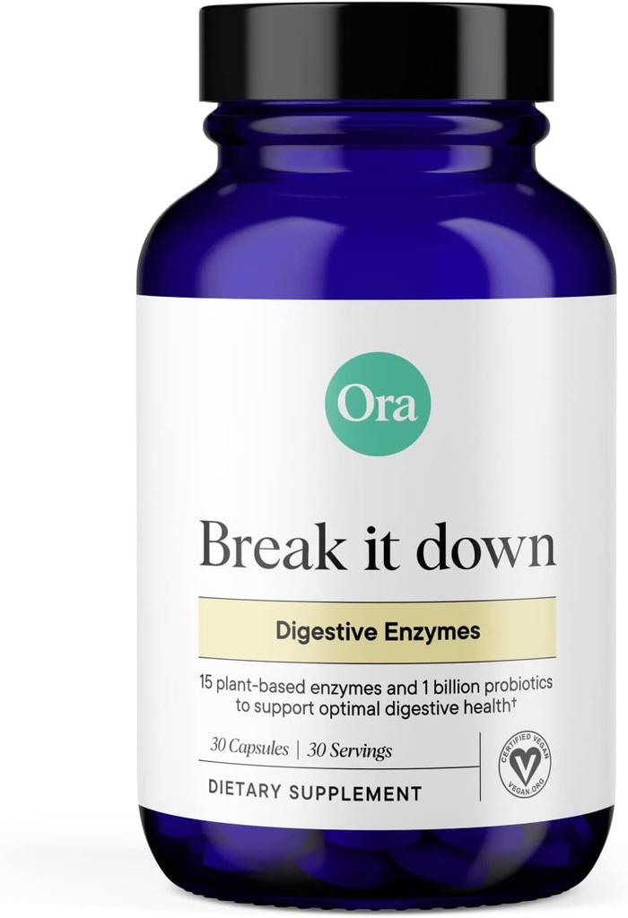 Ora Organic Multi- Enzyme Supplement - Vegan, Gluten Free Enzymes for fordøjelse med Probiotika til Gut Sundhed, Bloating, Forstoppelse og Gas Relief - 30 Let at synke kapsler