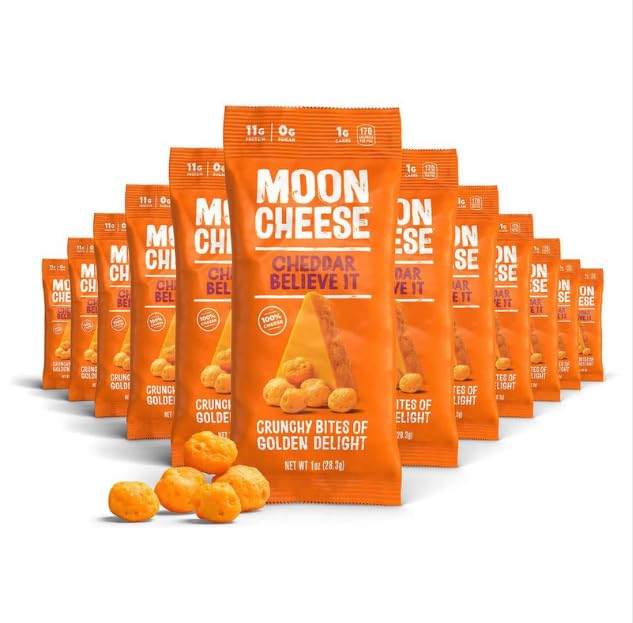 Moon Cheese Cheddar Tro det, 1 Ounce, 12-Pack, Crunchy, Protein- Rich Cheese Snack, Keto Friendly, 100% Real Cheese