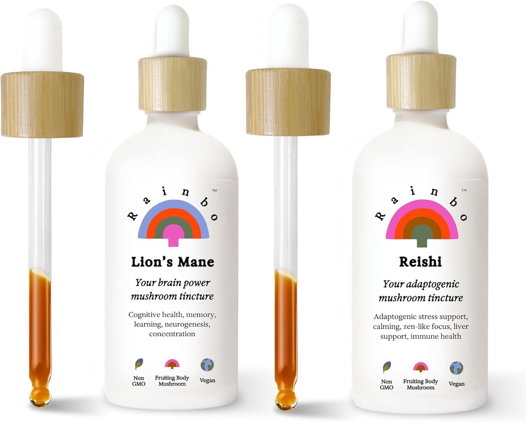 Rainbo Brain Health Bundle, Lions Mane Mushroom Extract + Reishi Mushroom Tincture, Dual Extract Daily Mushroom Tincture for Omfattende immunforsvar, Vegansk flydende Mushroom Kosttilskud