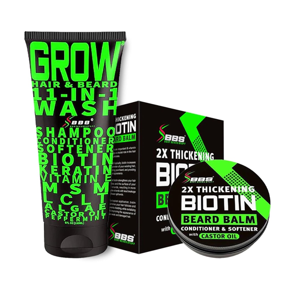 Beard Growth Kit w / 2X Thickening Biotin Beard Balm for Men & Mustache Wax + GROW 11- in-1 Herre Shampoo & Conditioner (Hårvækst Shampoo for Mænd w / Biotin) - Formuleret i Amerika