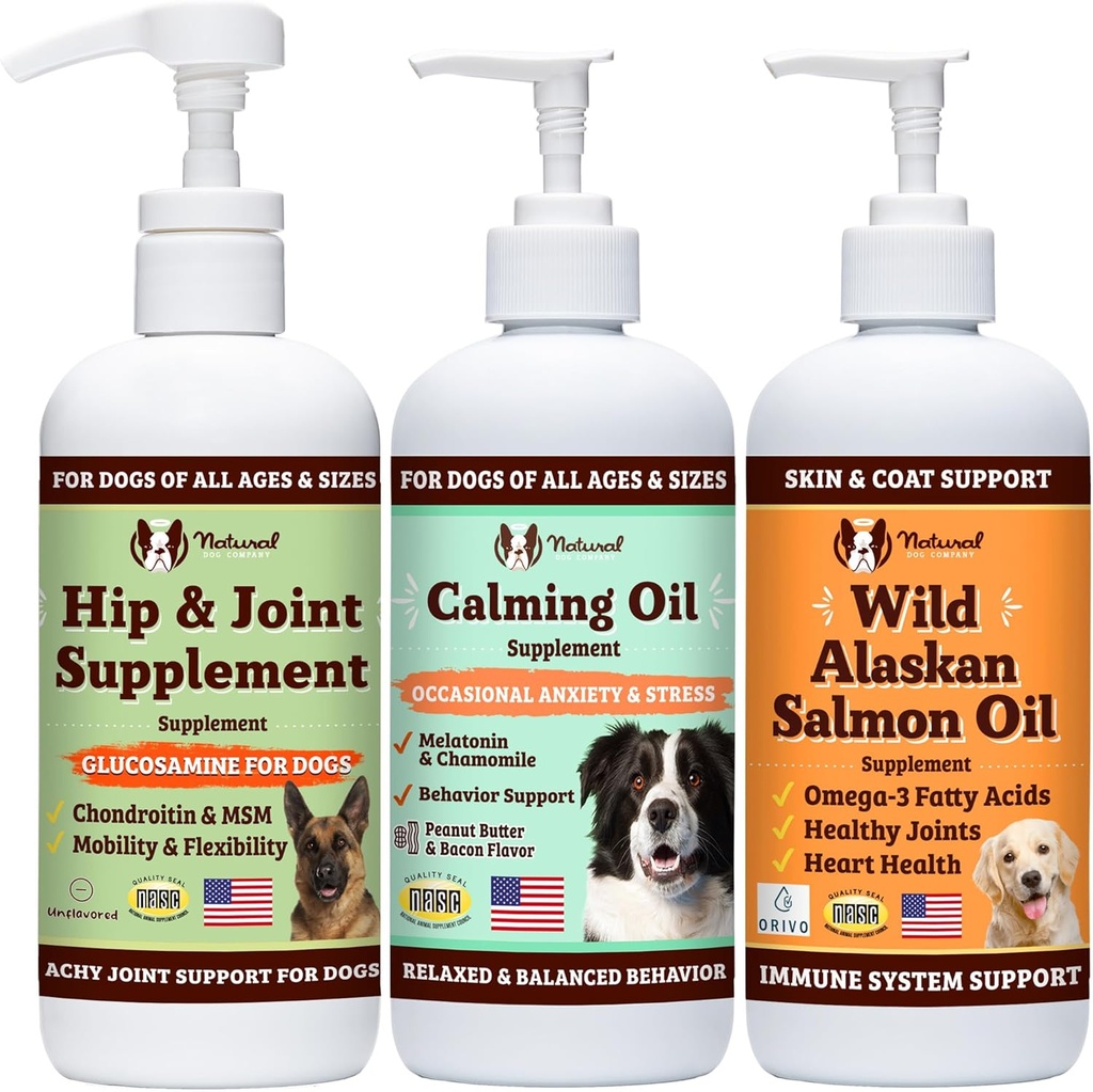 Natural Dog Company Wellness Bundle Food Oil Toppers inkl. (1) Wild Alaska Salmon Oil, (1) Liquid Glucosamin, (1) Calming Oil