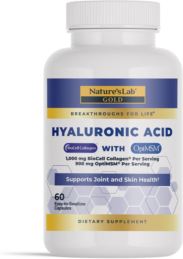 Nature 's Lab Hyaluronic Acid med Biocell Collagen og MSM - Skin Hydration, fælles sundhed - 60 kapsler (20 dages forsyning)