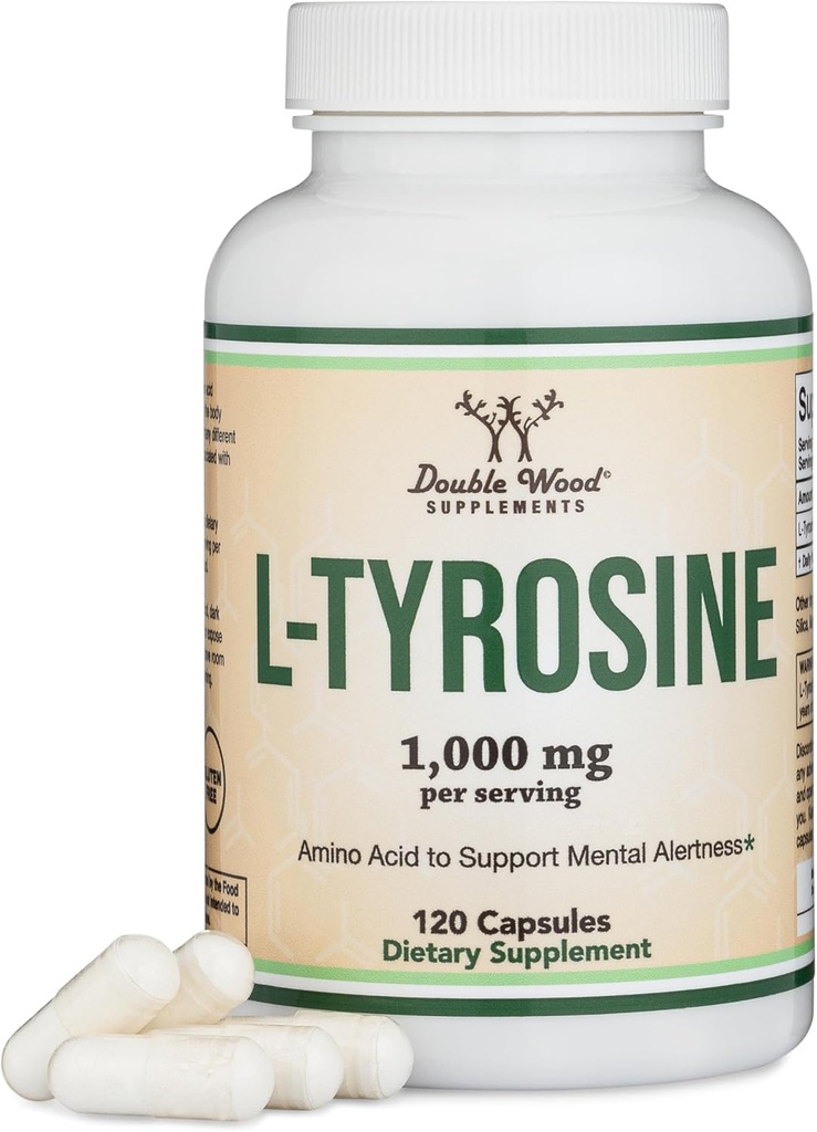 L- Tyrosine 1.000mg per servering, 120 Veggie kapsler (L Tyrosine supplement til hukommelse, opmærksomhed og fokus) Aminosyre, Vegan Safe, Non- GMO af Double Wood