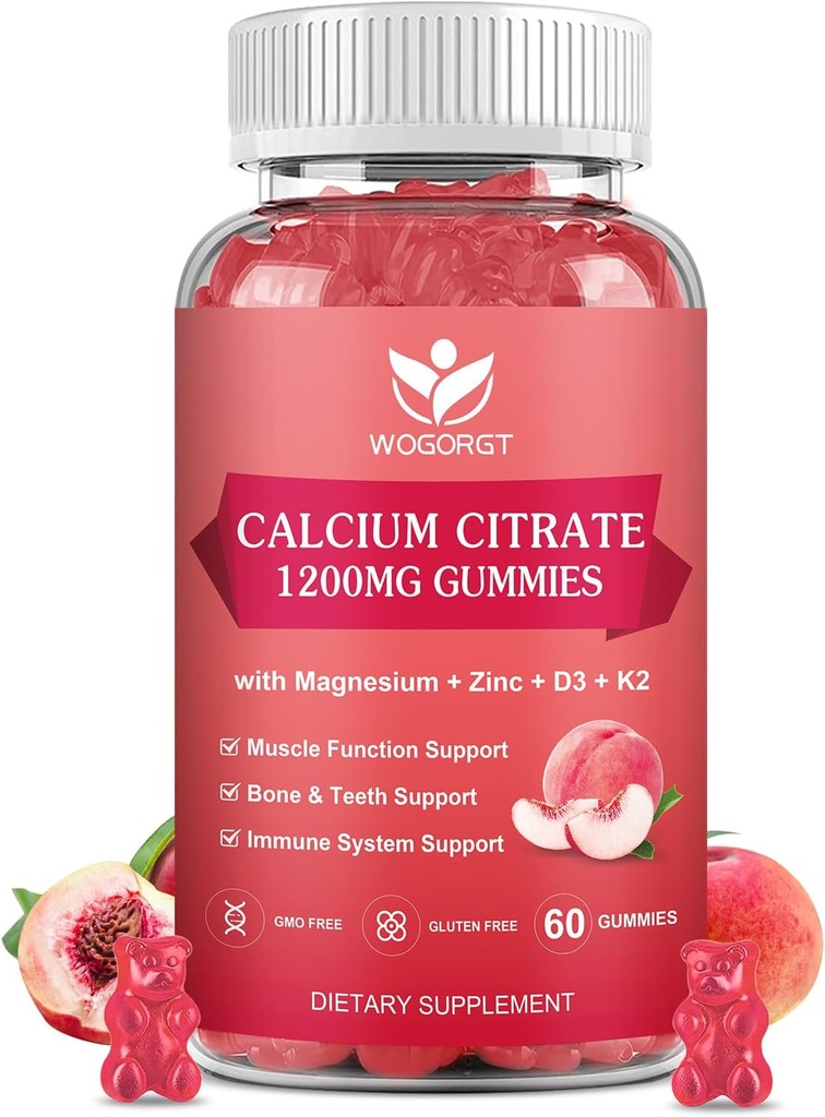 Calcium Citrate 1200mg gummies with Vitamin D3 K2 - Chewable Calcium Magnesium Zink d3 Supplement med Sea Moss Extract for Ben, tænder, immunforsvar for kvinder & mænd, White Peach Flavor - 60 gummies