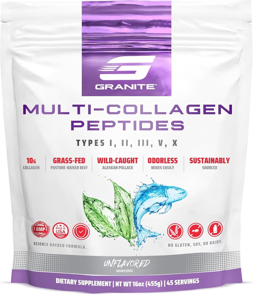 Granit Kosttilskud Collagen Peptider pulver - hår hud og negle Vitaminer med type I, II, III, V, X Hydrolyzed Collagen Peptider til neglevækst, ben, mobilitet, og fælles støtte (16oz)
