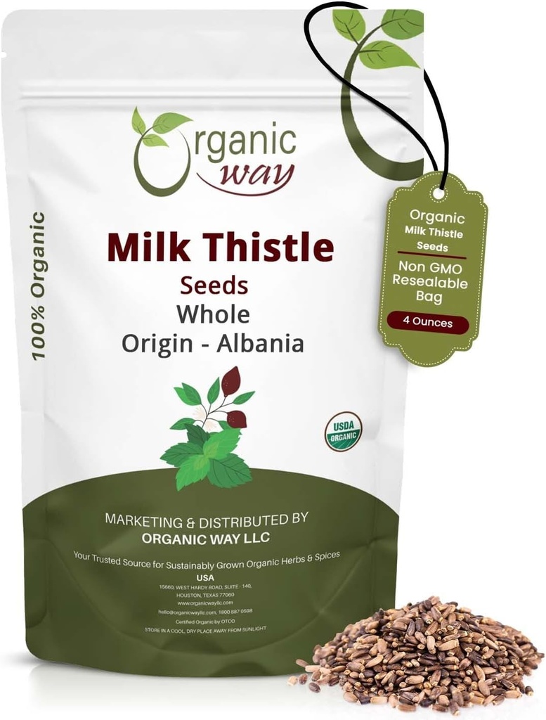 Organic Way Hel Milk Thistle Seeds (Silybum marianum) - Herbal Tea Note 124; European Wild- Høst, Organic & Kosher Certified, Vegan, Non GMO & Gluten Free, USDA Certified, Origin - Albanien (4 Oz)