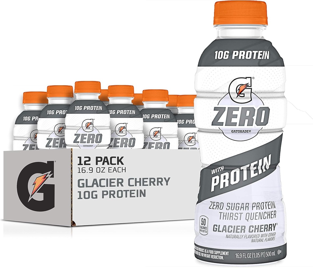 Gatorade Zero With Protein, 10g Whey Protein Isolate, Zero Sugar, Liquid Electrolytes, Glacier Cherry, 16,9 Fl Oz Flaske, 12 Pack