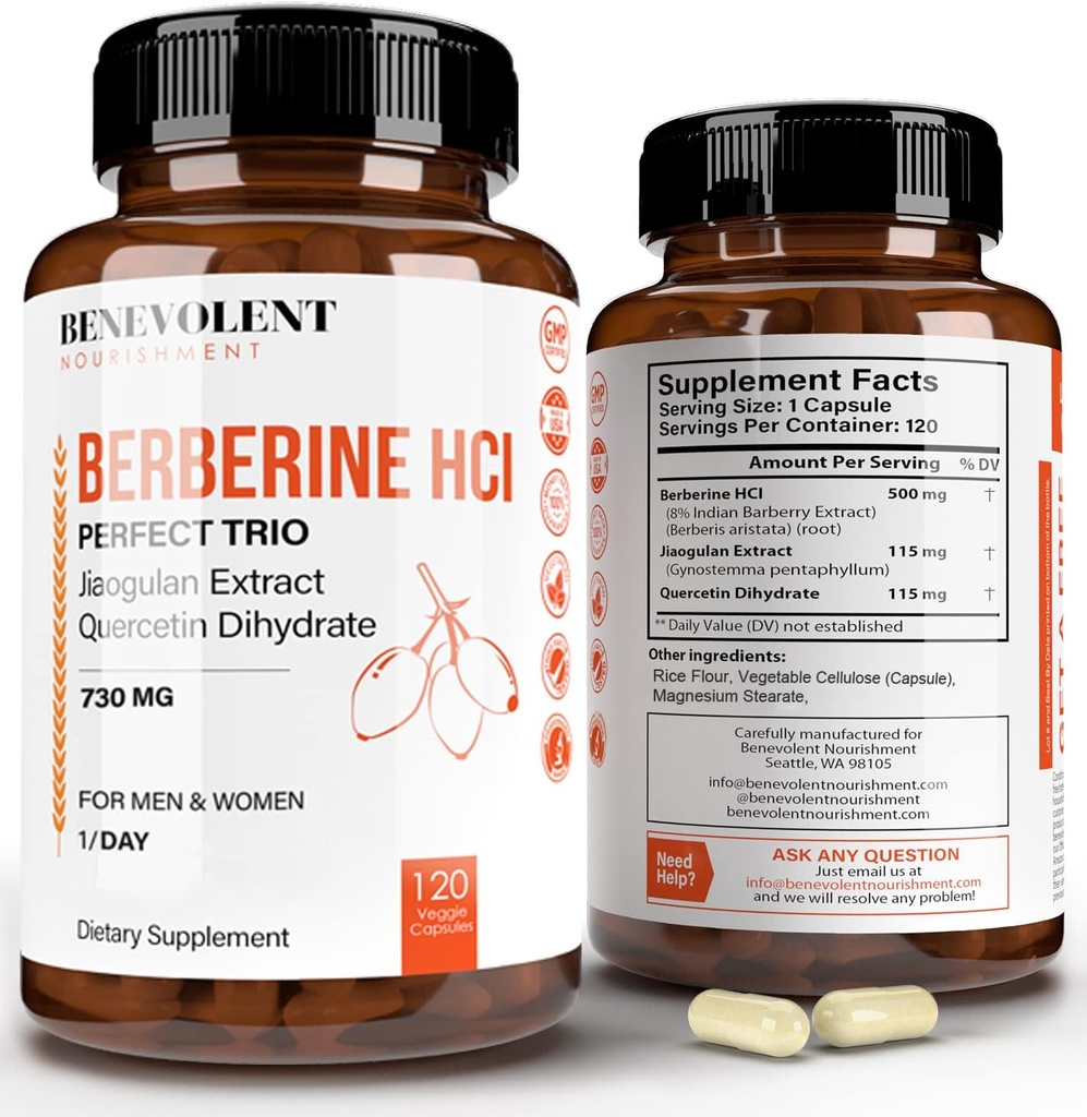 Premium Berberine HCL 730mg - 120 VCAPS Perfect Trio Complex med non-GMO Jiaogulan & Quercetin