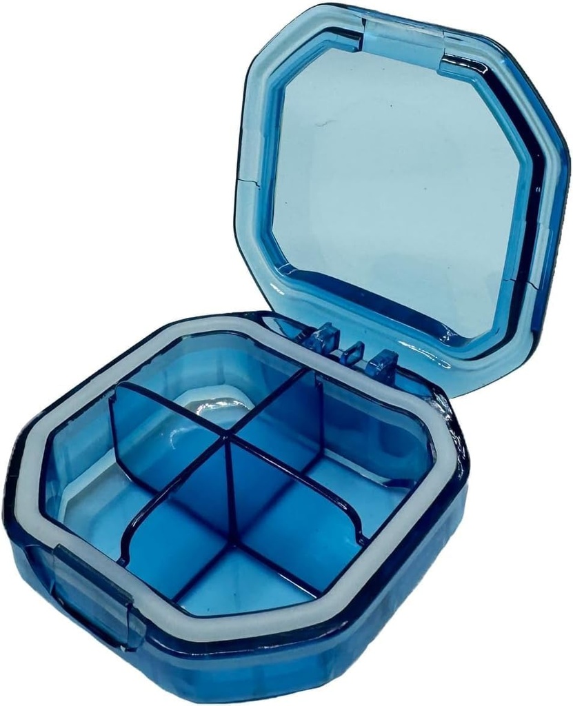 Travel Pill Organizer - Holdbar, Vandtæt Pill sag Rejsestørrelse med 4 afdelinger - Kompakt Pill Rejsetilfælde for vitaminer, Kosttilskud, Medicin - Travel Pill Container for Purse (blå)