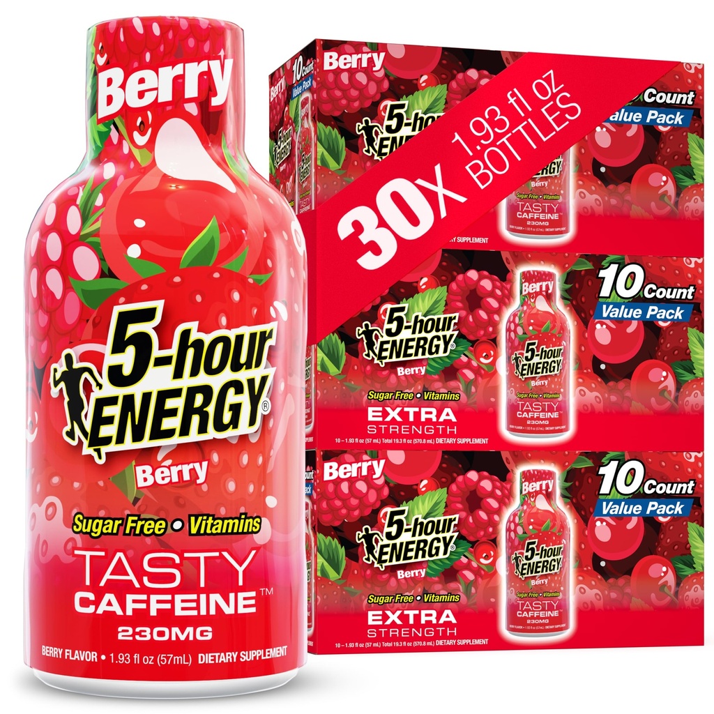 5-timers ENERGY Shots Extra Strength, Berry Flavor, 30 Greve, 1,93 Fl Oz, Sukker fri, nul kalorier, Aminosyrer og essentielle B-vitaminer, Kosttilskud, Feel Alert og Energized, 230 mg Koffein