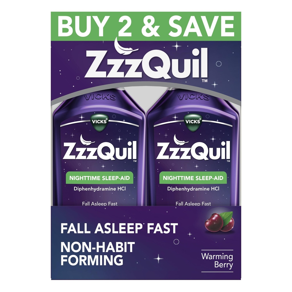ZzzQuil, dvalestøtte, nattetid dvalehjælpevæske, 50 mg diphenhydramin HCl, Fall Assapy Fast, Non- Habit Forming, Warming Berry Flavor, 12 FL OZ (pakke med 2)