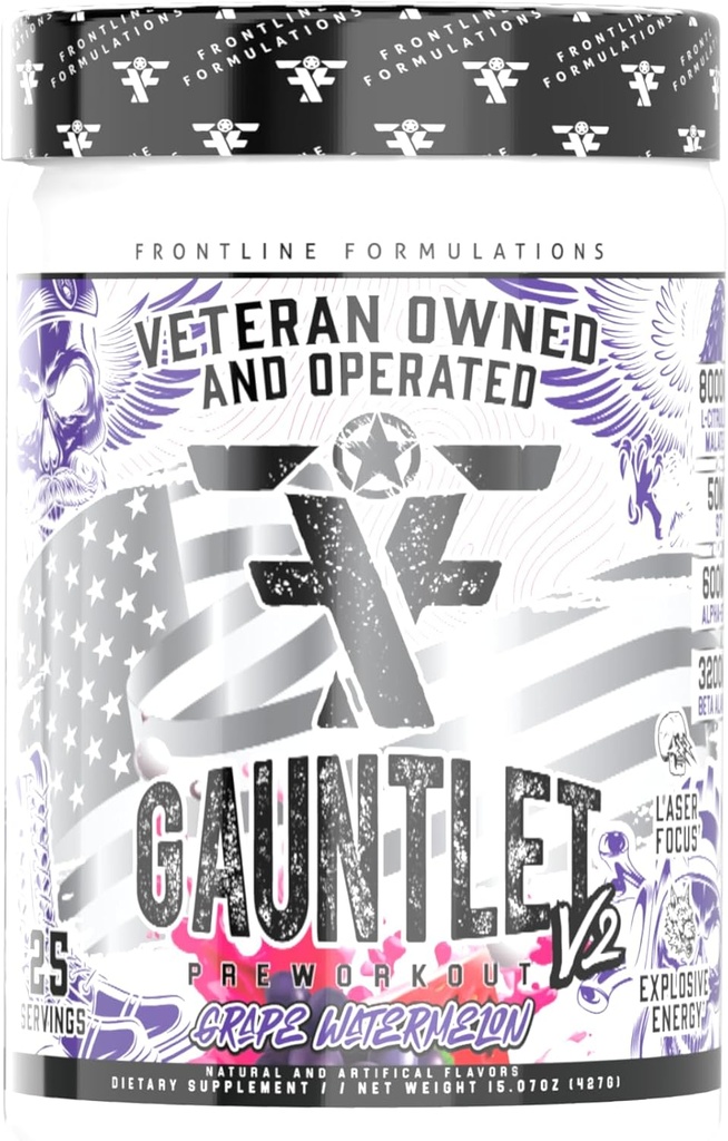 Gauntlet Pre- Workout Powder, Eksplosive workouts, Laser Focus, Mid Stim, Amazing Flavor, Veterinan Ejes og drives (25 Servere, Grape Watermelon)