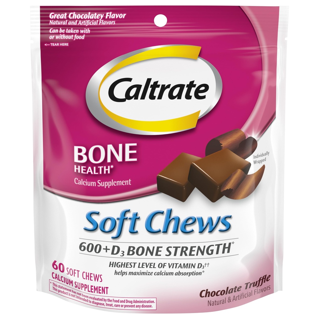 Caltrate Soft Chews 600 Plus D3 Calciumvitamin D tillæg, Chokolade trøffel - 60 Greve (Packaging May Vary)