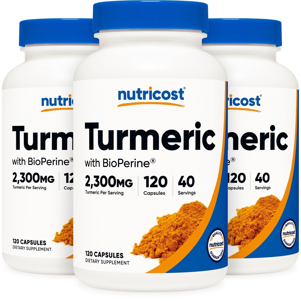 Nutricost Gurkemeje piller (3 Pack) med BioPerine og 95% Curcuminoider, 2300mg, 120 Kapsler, Veggie kapsler, 767mg Per Cap, 40 Servere, Gluten Free, Non- GMO