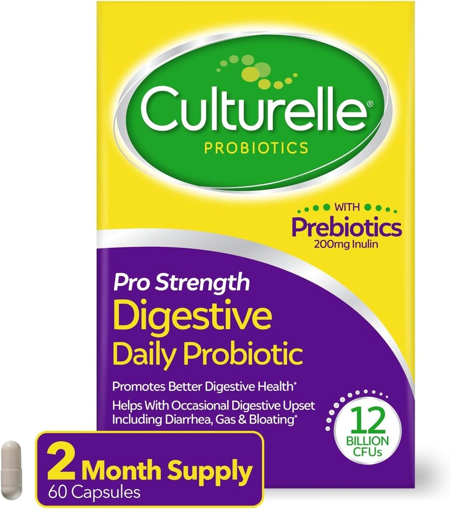 Culturelle Pro Styrke Daglig Probiotika For fordøjelsessygdomme (2 måneders Tilgang) med Prebiotika til kvinder & mænd, Understøtter Lejlighedsvis Diarré, Gas & Bloating, Gluten & Soy Free, 60 Greve