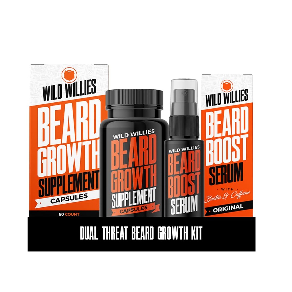 Wild Willies Beard Growth Kit - Capsules & Boost Serum - Natural Growth Oil With Biotin & Coffein - Vitaminer til Fuller, Thicker Beard - 60 Kapsler - For mænd