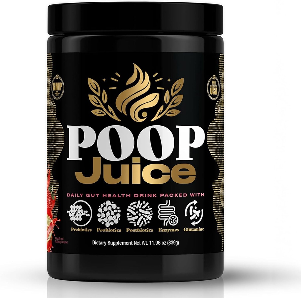 Poop Juice 5- in-1 Prebiotic, Probiotic, Postbiotic, fordøjelsesfremmende enzymer & glutamin supplement pulver - Bloat Relief, Gut & immunforsvar - Sukker & laktose- Free - 30 Servere (Strawberry Lemonade)