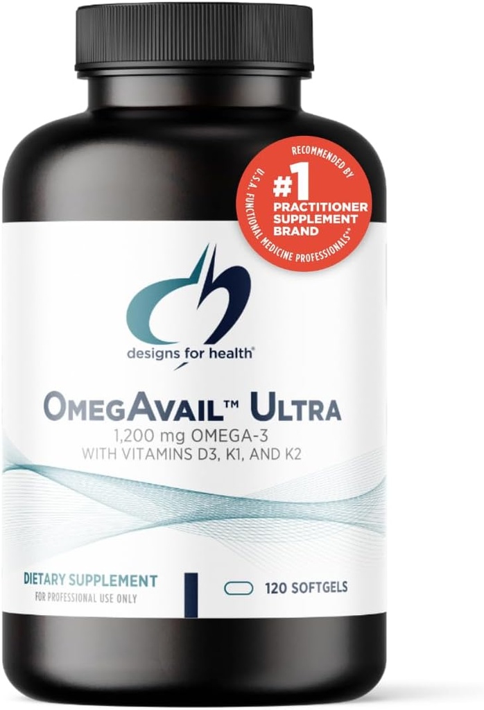 Design for sundhed Omegavail Ultra TG Fish Oil 1200mg - 1000 IE vitamin D3, Vitamin K1 + K2 - Triglycerid Form Omega 3 Fish Oil Supplement med DHA / EPA - Ingen Fishy Aftersmage (120 Softgel)
