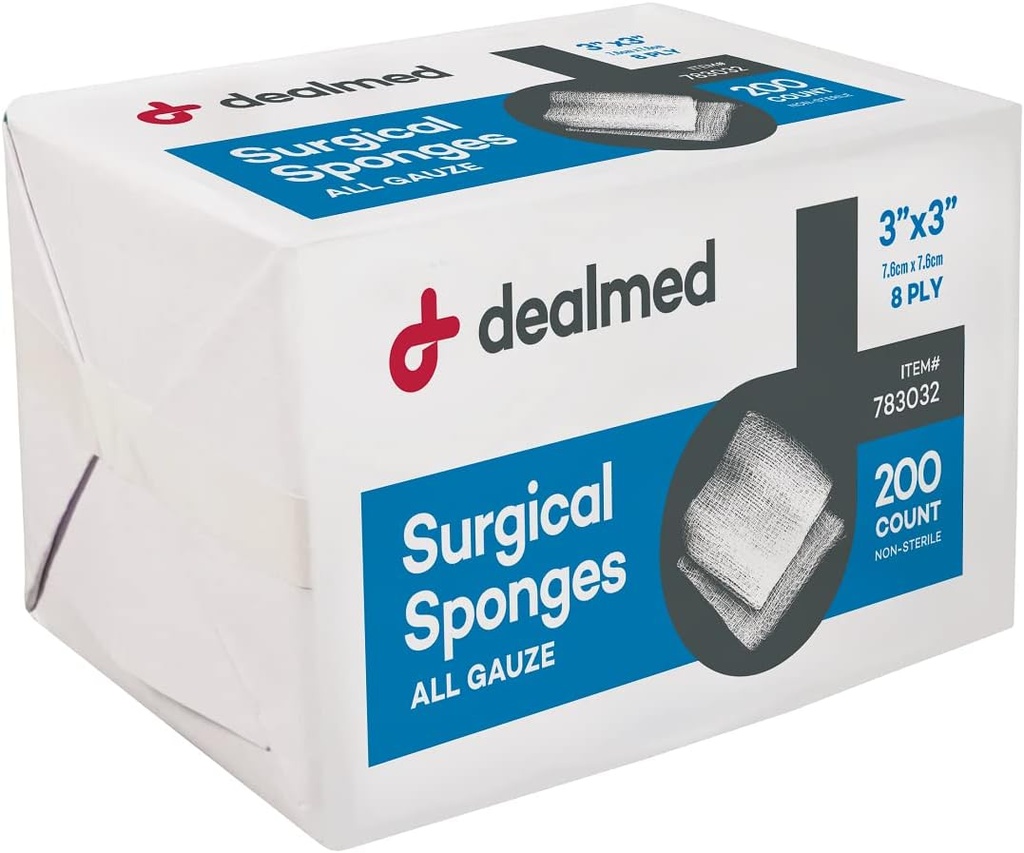 Dealmed 3 "x 3" Kirurgiske Svampe, 8-Ply, Non- vævet Absorbent Gauze Sponges til Sårpleje, Førstehjælp Kits og Medicinske Faciliteter, 200 Greve (Pack of 1)