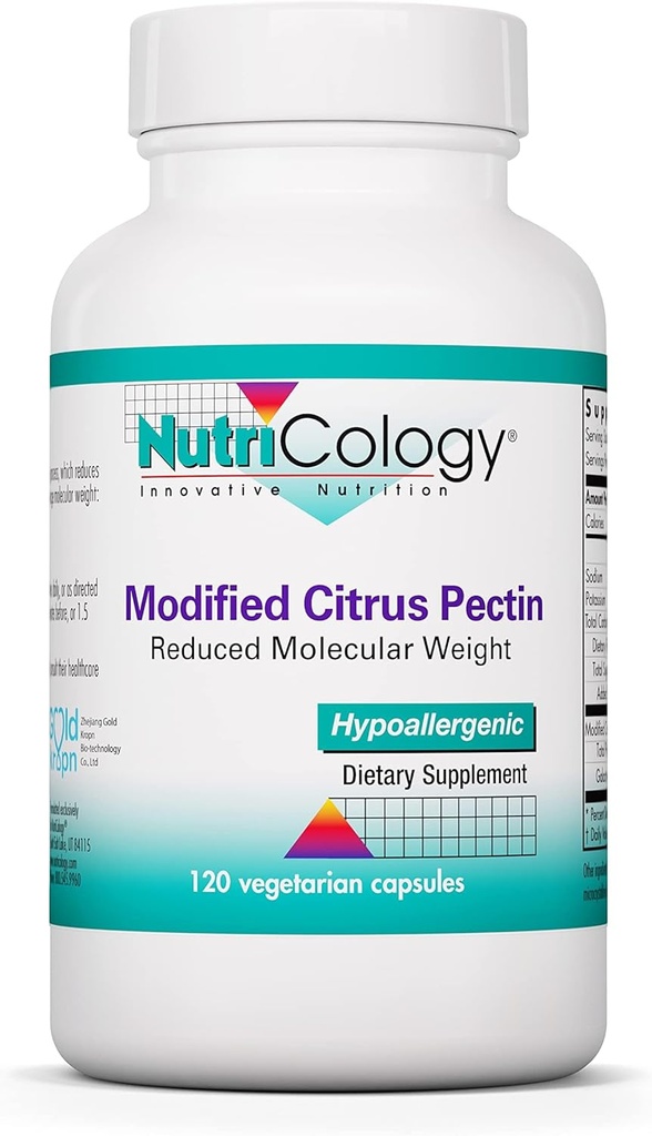 Nutricology Modified Citrus Pectin Supplement for Gut Support - Modified Citrus Pectin Kapsler til mænd og kvinder, Hypoallergen, Gluten Free, Reduceret Molekylvægt - 120 Vegetariske Kapsler
