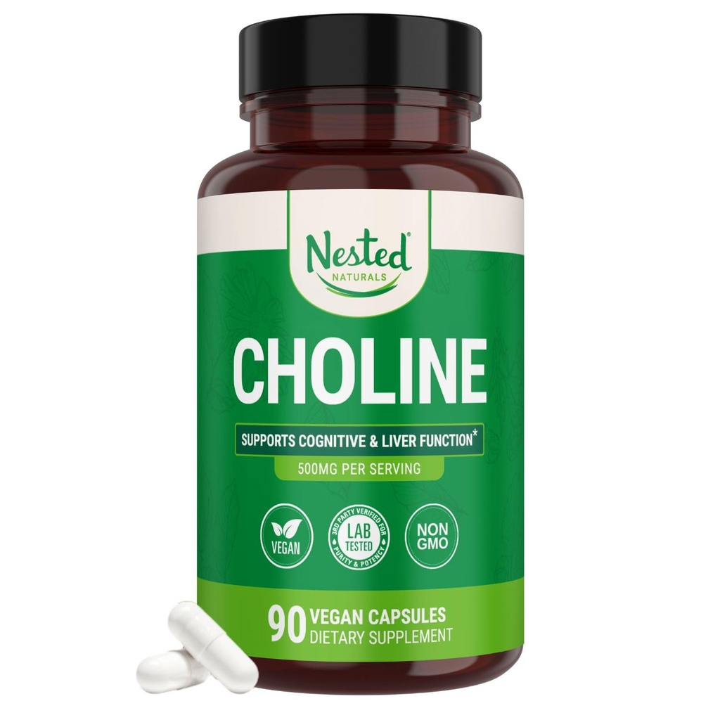 Nested Natural Cholin Bitartrate 500mg - High Potency Cholin Supplements - Understøtter kognitiv ydeevne og leverfunktion - 100% Vegan & Non- GMO Cholin - 90 Vegan Capsules