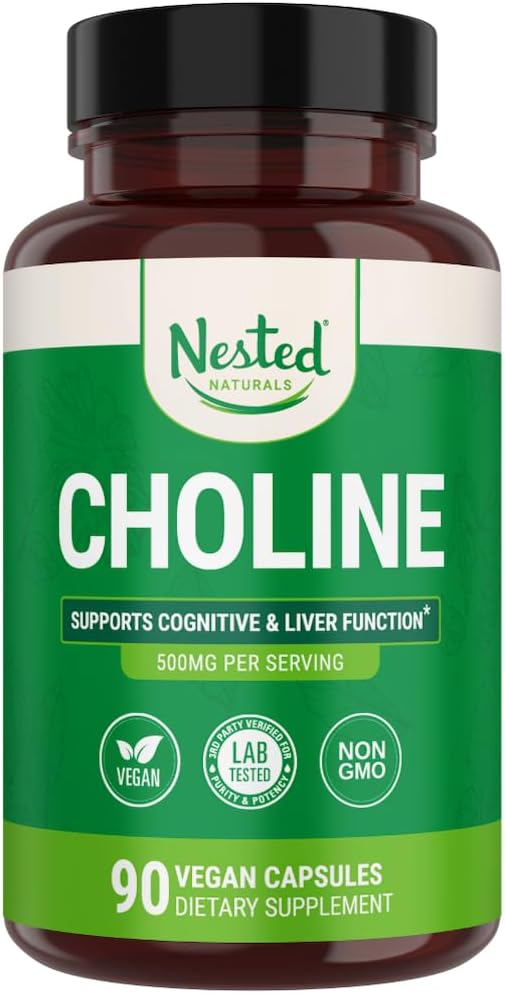 Nested Natural Cholin Bitartrate 500mg - High Potency Cholin Supplements - Understøtter kognitiv ydeevne og leverfunktion - 100% Vegan & Non- GMO Cholin - 90 Vegan Capsules