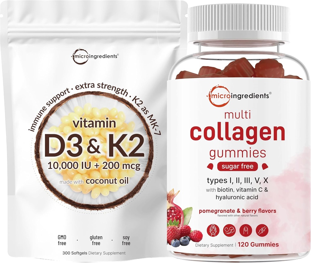 Micro Ingredients Vitamin D3 10,000iu + K2 200mcg Coconut Oil Softgels & Multi Collagen Peptider Gummies Bundy Packing 124; Essential Sunshine Vitmatics