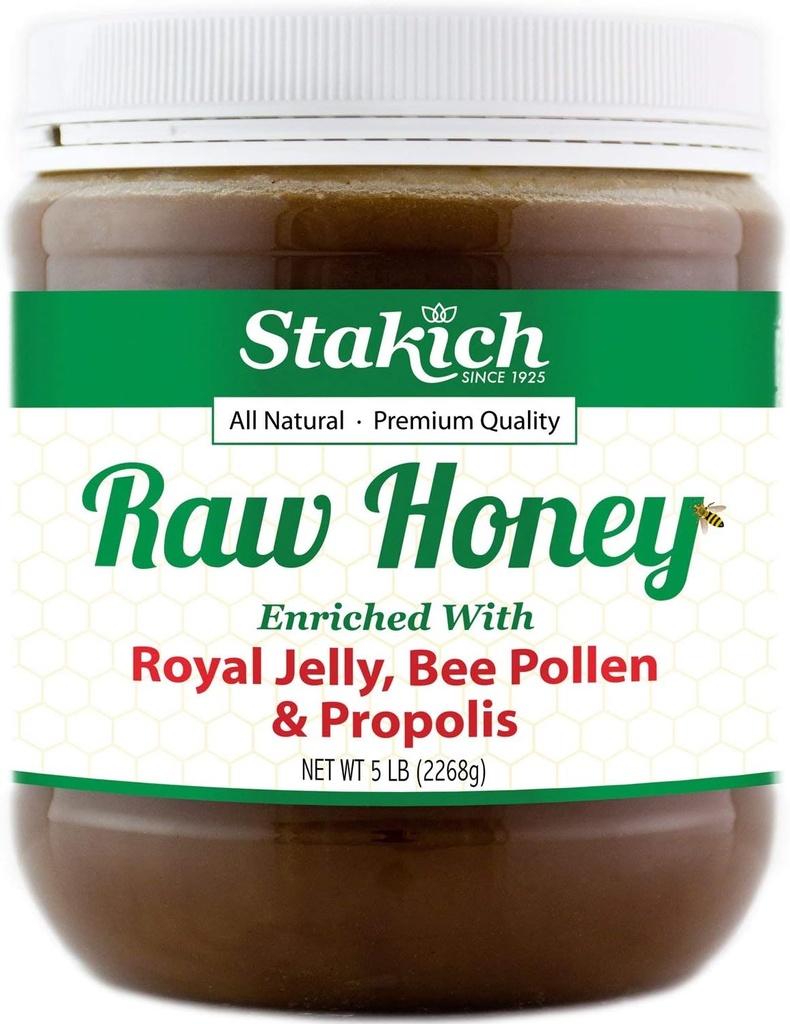 Scakich Royal Jelly, Bee Pollen, Propolis Enricated Raw Honey - Pure, Ubehandlet, Uopvarmet - 5 Pound (80 Ounce)
