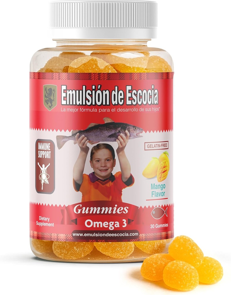 Emulsión de Escocia Omega 3 Gummies for Kids - med Vitaminer A, D3, Folinsyre + Zink, Jern & Calcium - Mango Flavor med ingen Fishy Eftersmag - Immunum & Leverstøtte - 30 Gummies