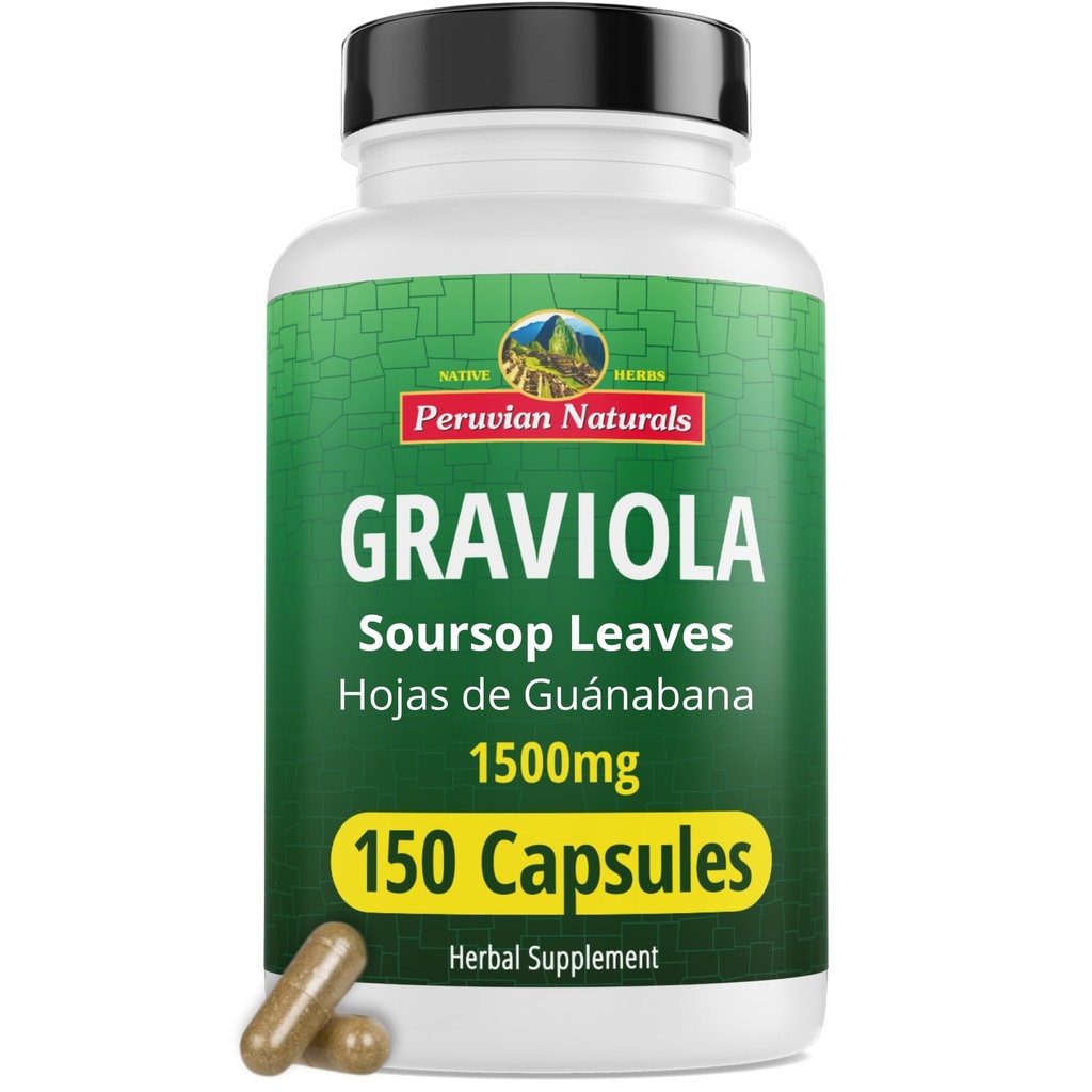 Peruvian Naturals Graviola Soursop Kapsler 150 Greve - Premium Soursop Uddrag fra Hojas de Guanabana - Non- GMO, Vegan, Gluten- Free 1500 mg Høj- potens af urtemedicin supplement