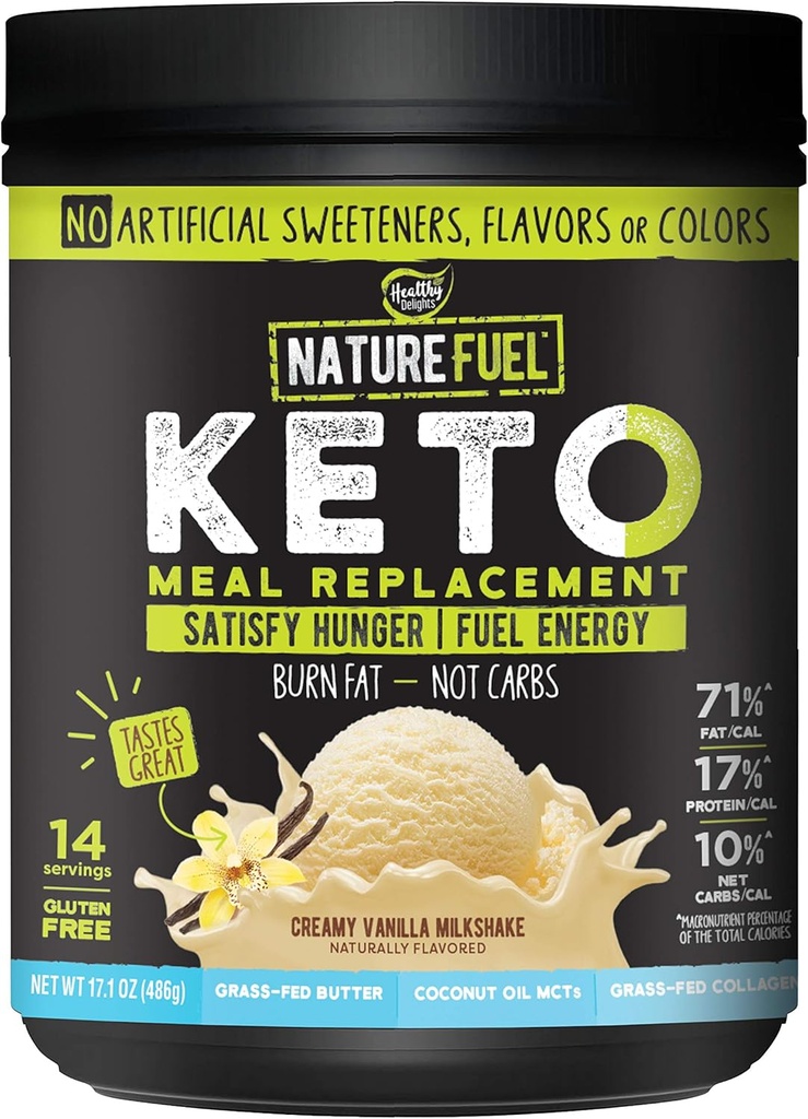 Nature Fuel Keto Meal Erstatning Powder - Gluten Free with Coconut Oil MCTs and Grass- Fed Butter - Creamy Vanilla Milkshake - 14 Serveringer - Pantry Friendly, 17.1 Fl Oz