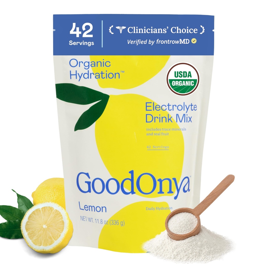 GOODONYA Organic Hydration Electrolyte Drink Mix, Certified Organic Hydration Powder, Non-GMO, Biochecked Glyphosat Free, Low Sugar, Lemonade Flavor, Ingen Kunstig Smag, 42 Servere
