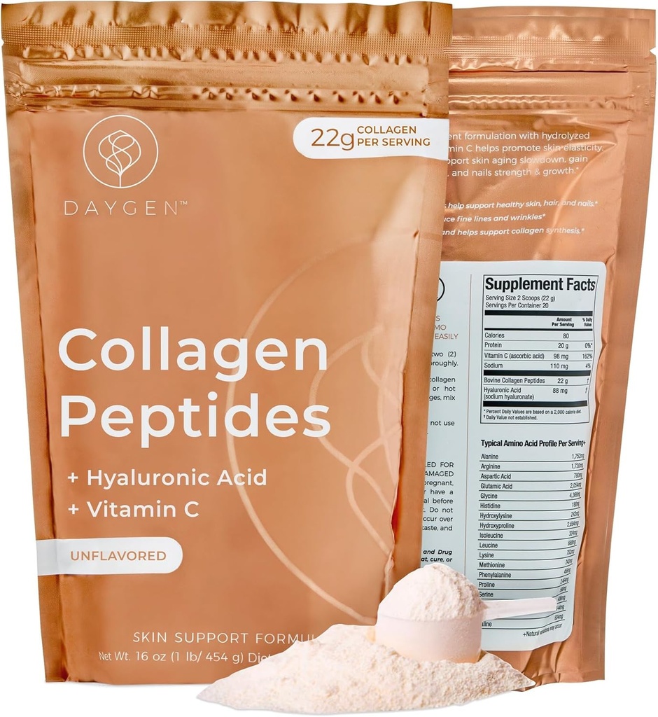 Collagen Peptider Pulver med Hyaluronsyre og C-vitamin, Hydrolyseret Collagen pulver, hud, hår og negle Support, Grass- Fed Collagen for kvinder og mænd, naturligt sourced, Unflavored 16oz