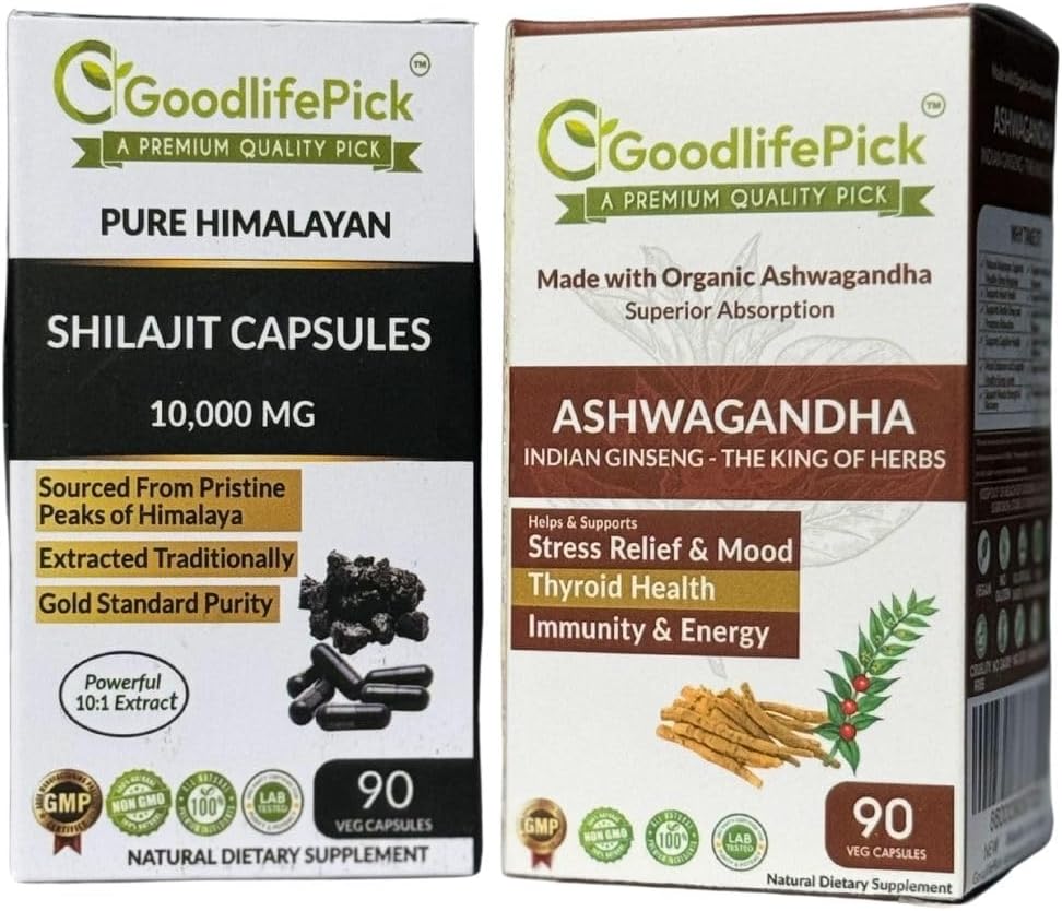Himalayan Shilajit Capsule & Ashwagandha Kapsler Pack med 2. 90 + 90 ct Guld Standard Premium kvalitet til Max fordele. Alle naturlige ikke GMO ingen ris pulver ingen fyldstof ingen silikonedioxid ingen stearat