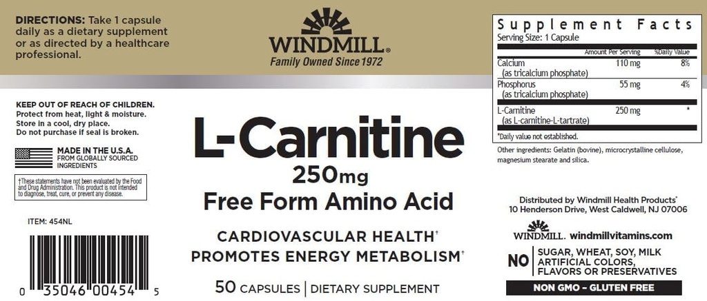 Windmill L- Carnitin 250 mg kapsler 50 Tælling (3 pakning)