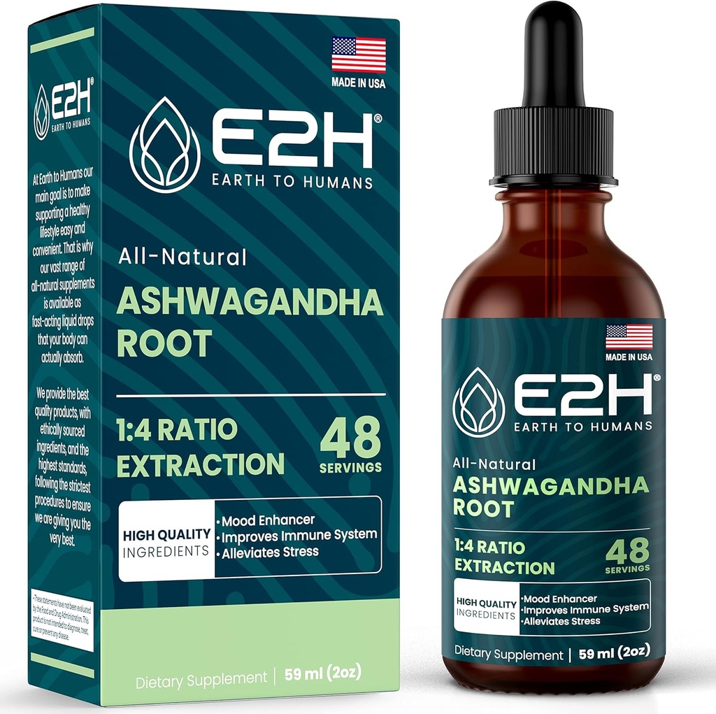 E2H Ashwagandha Liquid Drops - All- Natural Ashwagandha Supplement til Stress Relief og Mood Enhancer- Organic Ashwagandha Root Extract Effektiv Cortisol Manager
