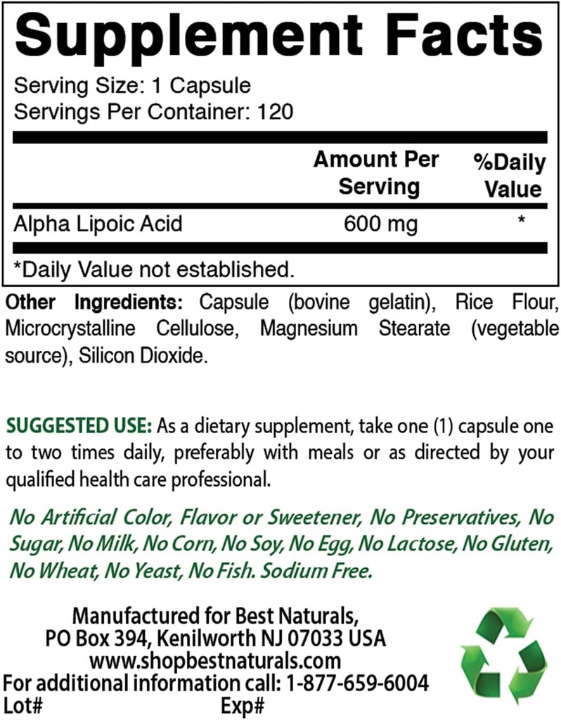 Bedste Naturals Alpha Lipoic Acid 600 mg & B- 100 Complex
