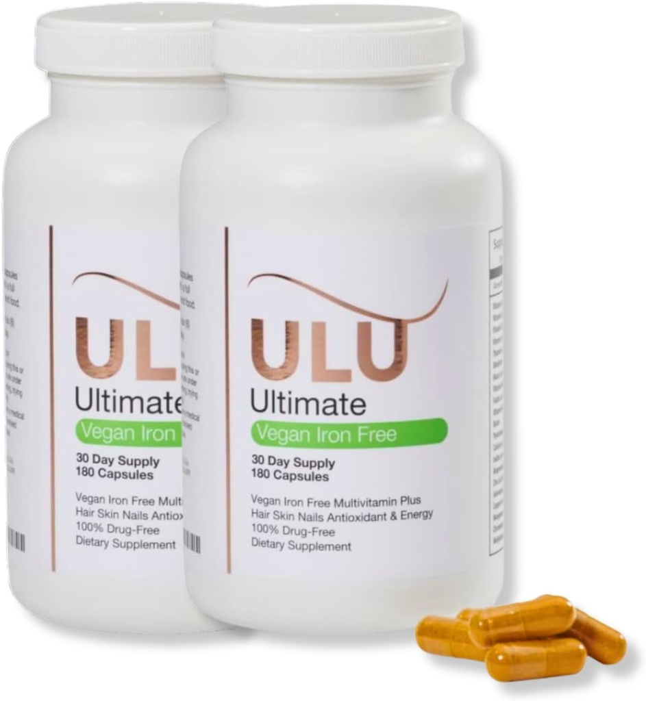 Ultimate Multivitamin: Vegansk, Jernfri, fremmer stærkere hår, hud, og negle og forbedrer antioxidant & energi med bedre søvn & mindre stress (pakke med to - 360 kapsler)