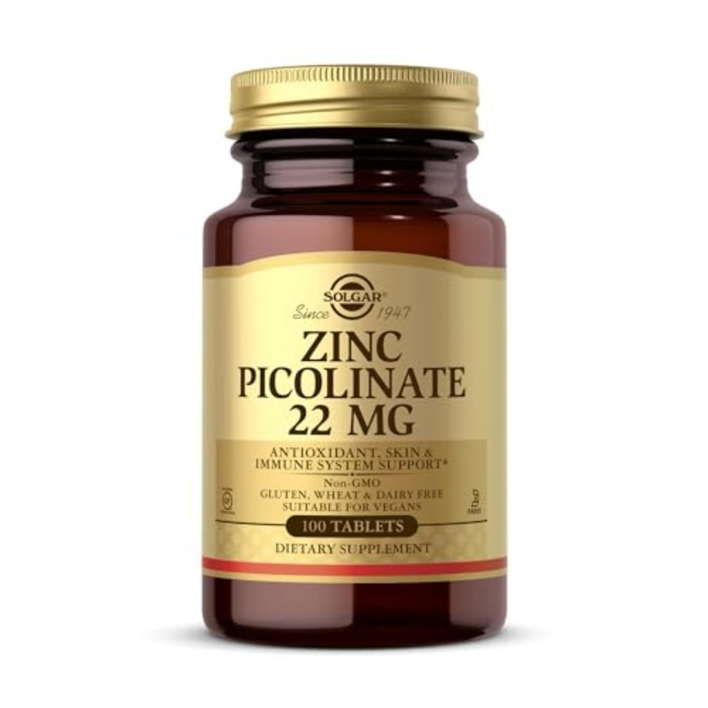 Solgar Zink Picolinate 22 mg, 100 tabletter - fremmer sund hud - Understøtter immunsystemet, Normal Smag & Vision - Antioxidant - Non- GMO, Vegan, Gluten Free, Kosher - 100 servere