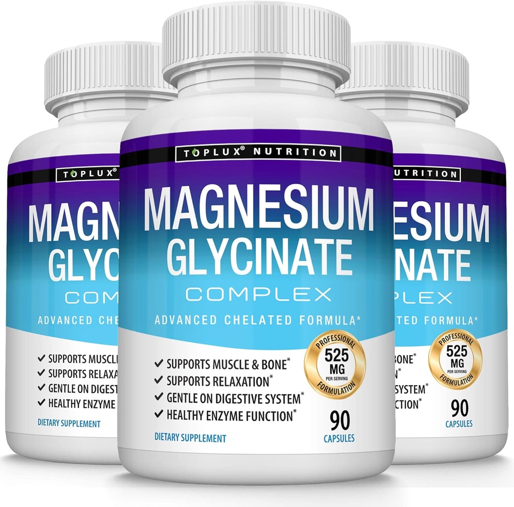 3X Flasker Magnesium Glycinate Complex 525 mg Høj Absorption 125% DV Chelated - Formuleret til muskelafslapning & Recovery, Maksimal biotilgængelighed, Vegan for Mænd Kvinder, 90 Kapsler, Toplux