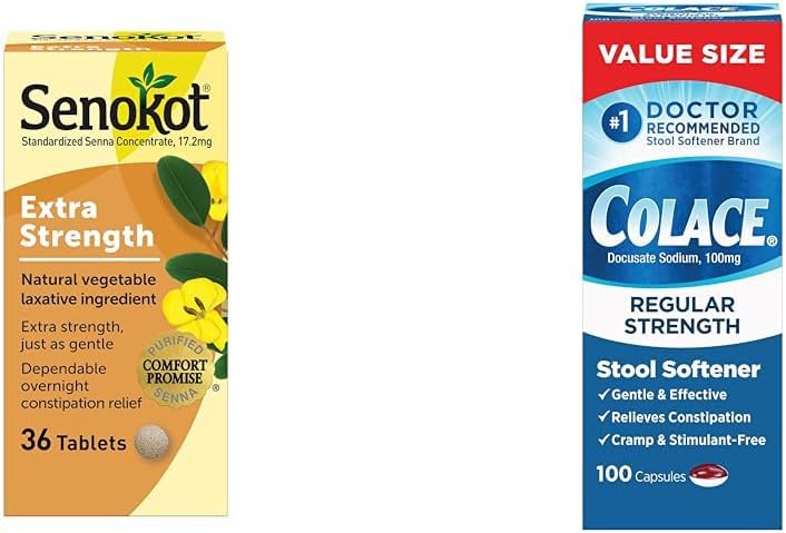 Senokot Extra Strength Natural Vegetable Laxative for Gentle Overnight Relief & Colace Regular Strength Stool Softener 100 mg Capsules 100 Count Docusate Sodium Stimulant-Free