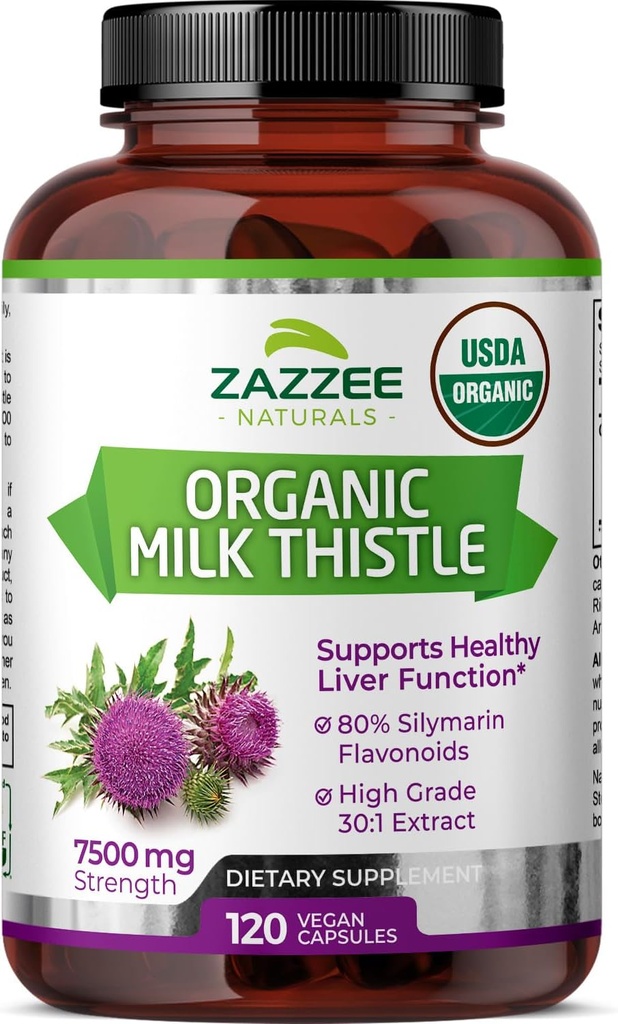 Zazzee USDA Organic Milk Thistle 30: 1 Extract, 7500 mg Strength, 120 Vegankapsler, 80% Silymarin Flavonoider, Standardiseret og koncentreret 30X Extract, 100% Vegetarisk, All- Natural og Non- GMO