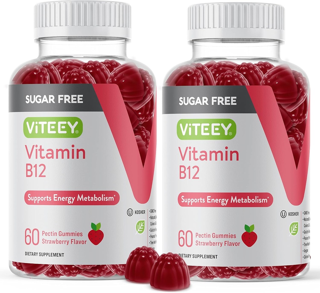Viteey Vitamin B12 Gummies for voksne & Teens 1000mcg, Sugar Free - God for energi, Metabolisme, Natural Energy Support - Vegan, Gelatine Free, Gluten Free, GMO Free - Chewable Strawberry Flavored