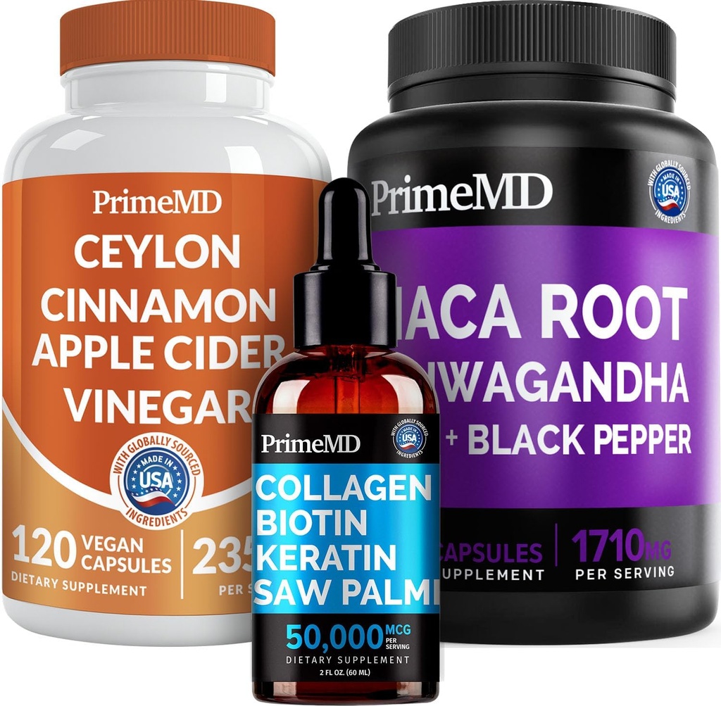 5-in-1 Ceylon Cinnamon (120ct), 4-in-1 Biotin Collagen Keratin Saw Palmetto (2 fl oz - 1 Pack) & 6-in-1 Maca Root Ashwagandha (120ct) Bundle - Energy, Mood, Hair, Skin & immunsupportsupplement