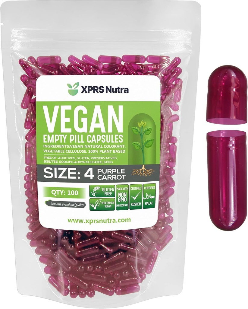 XPRS Nutra Størrelse 4 Tomme kapsler - 100 Greve små tomme Veganske kapsler - Vegetariske piller - DIY vegetabilsk kapsel Fyldning - Fyldelig Do- It- Yourself Veggie Caps til kosttilskud (lilla gulerod)