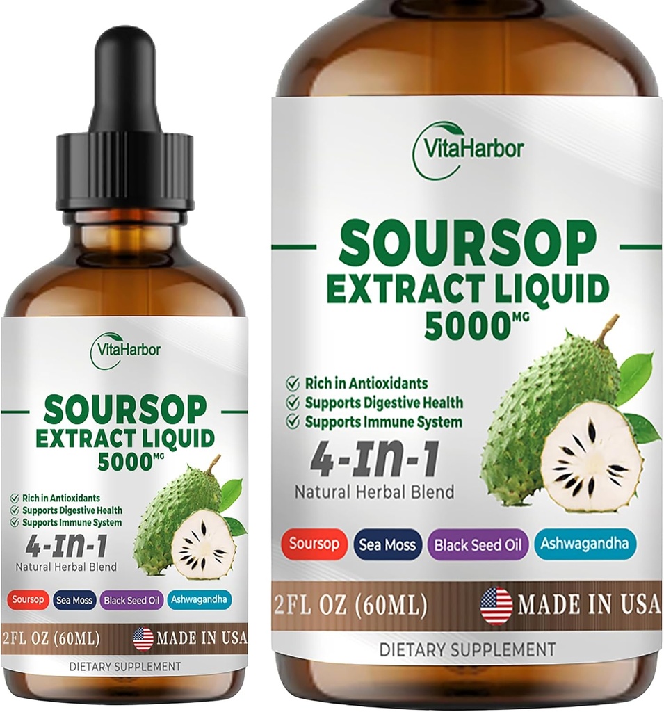 4-in-1 Soursop Bitters Liquid, Soursop Olie med Sea Moss & Black Seed Oil & Ashwagandha, til immun- & fordøjelsesfremmende & Cell Support, Sugar- Free Medical 124; Non- GMO Medic124; Vegan (2 Fl oz) Lidt sød Flavor