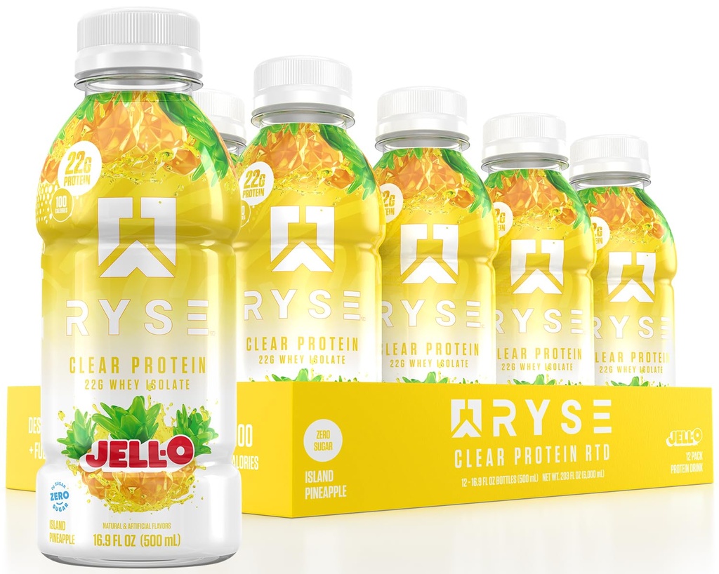 RYSE Clear Protein Drink - Jell- O Island Ananas - 100 kalorier, 22g Whey Isolere Protein Shake, Sugar- Free, 0g Fat & Lactose- Free - Genopfriskning Ready- to- Drikke - 16,9 fl oz Flasker (12- Pack)