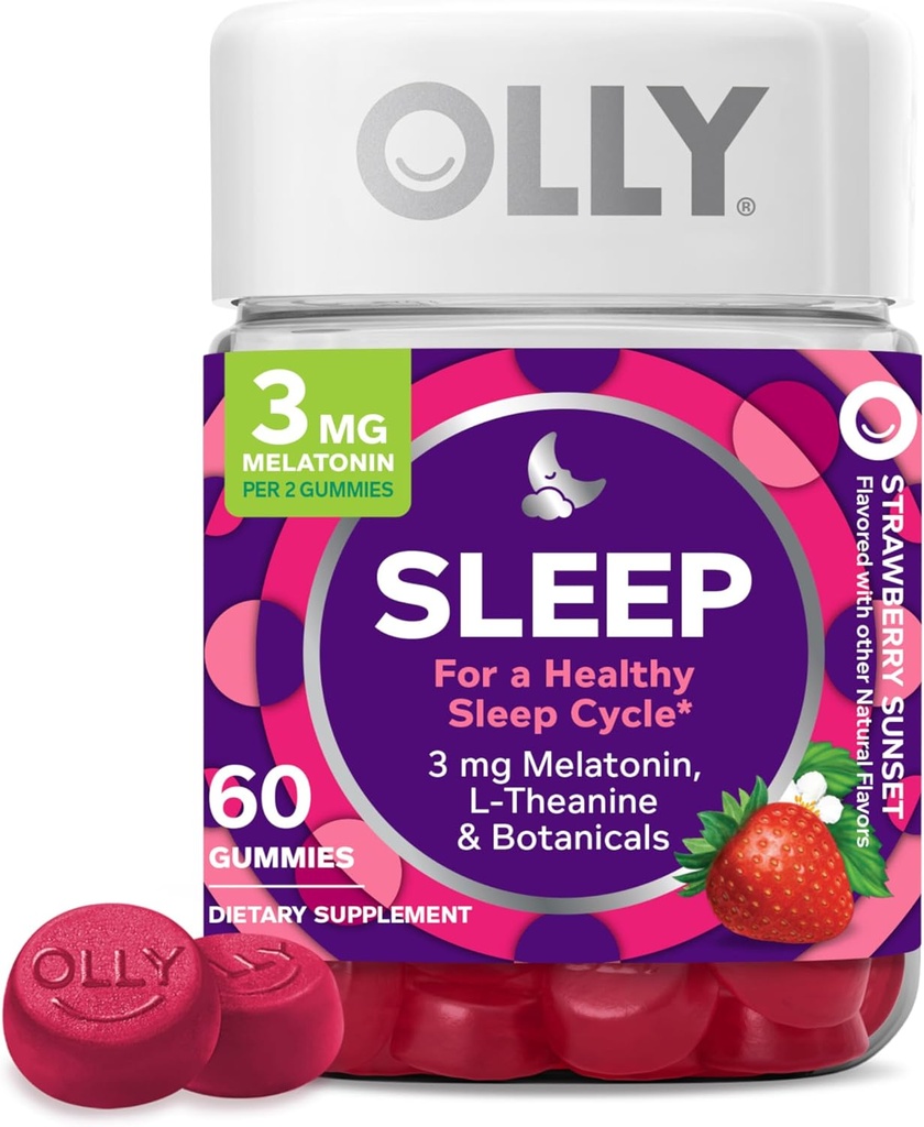OLLY Sleep Gummy, 3 mg Melatonin, L- Theanin, Kamille, Lemon Balm, Sleep Aid, Strawberry, 60 Greve